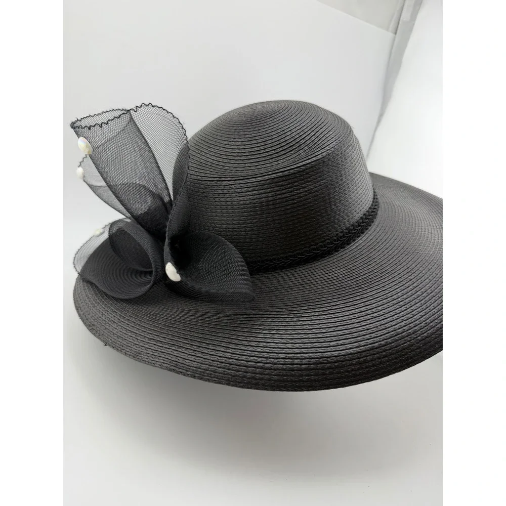 Vintage Black Straw Wide Brim Church Hat Mesh Bow Faux Pearl Derby Wedding Hat